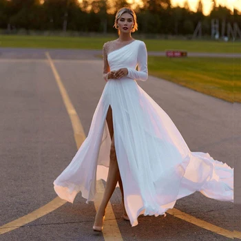 Белые шифоновые свадебные платья Sheer Illusion с длинными рукавами, расшитыми бисером, с высоким разрезом Vestido De Noiva Romântico на заказ 2022