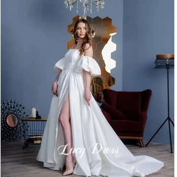 Свадебное платье Lucy из Атласа со съемными пышными рукавами, Трапециевидное Свадебное платье простого фасона с высоким разрезом сбоку, со шлейфом
