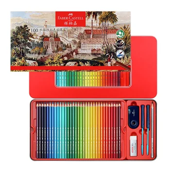 Акварельные карандаши Faber-Castell 100 цветов, профессиональный водорастворимый набор цветных карандашей в металлической коробке для рисования