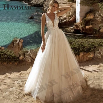 Свадебное платье HAMMAH с V-образным вырезом, кружевная аппликация, без спинки, изысканная вечерняя мода, красивый шлейф, тюлевый халат De Mariée