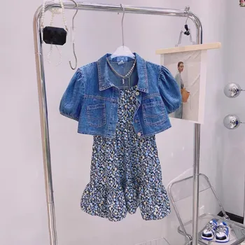 Летние Комплекты одежды для девочек 2022 года, Модный Джинсовый топ, Пальто + Платье на подтяжках с цветочным рисунком, Комплект из двух предметов Для Маленьких детей