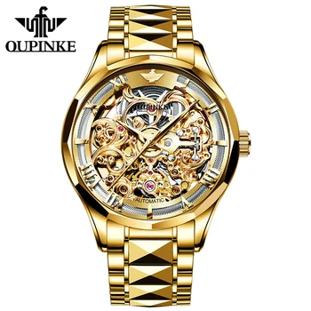 Золотой Ремешок из вольфрамовой стали Скелет Мужские Механические часы Люксового бренда OUPINKE 50M Водонепроницаемые Полые Автоматические Часы Man 3168