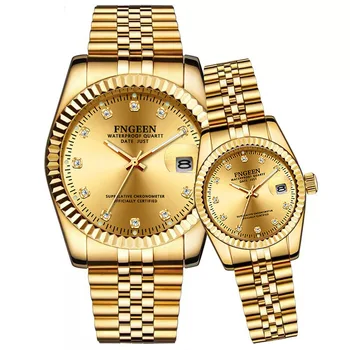 Роскошные Кварцевые часы из золотой стали для влюбленных, Модные Классические деловые наручные часы для мужчин и женщин, Светящиеся часы для пары