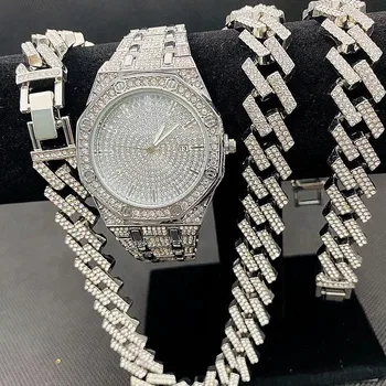 3 шт. Мужские ювелирные изделия в стиле хип-хоп, часы со льдом, Ожерелье, браслет, Цепочки Miama Cubana, Часы с бриллиантами, мужские золотые часы, набор дропшиппинг