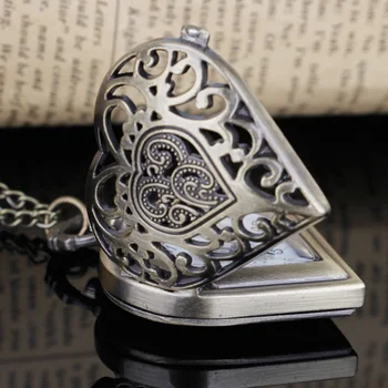 Классические Ретро-карманные часы в форме сердца с полым тиснением, ожерелье-цепочка, Милые женские часы для девочек, подарок на день рождения Cf1065