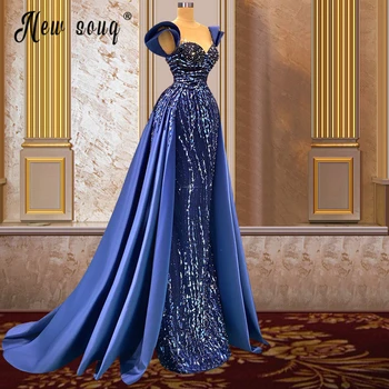 Роскошное вечернее платье с синими кристаллами для женщин со съемным шлейфом, расшитое бисером, вечерние платья русалки с блестками, арабские вечерние платья