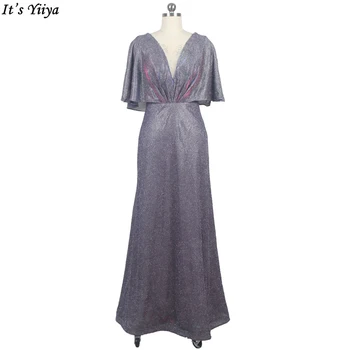 Это Yiiya, Настоящее Фото, Вечернее Платье с Коротким рукавом, Большие Размеры, Фиолетовые Вечерние Платья В пол С блестящими Оборками, Robe De Soiree K199