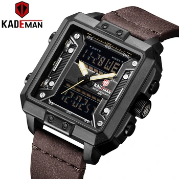 Цифровые часы KADEMAN Square Мужские Наручные часы с двойным дисплеем, мужские часы 2021, роскошные брендовые спортивные водонепроницаемые военные часы из Кожи