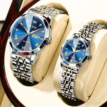 Модные Брендовые парные часы OLEVS для влюбленных Простые классические кварцевые наручные часы из нержавеющей стали со светящимися стрелками
