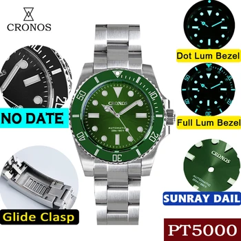 Мужские часы Cronos Sub Diver Без даты PT5000, матовый браслет, керамический безель, водонепроницаемость 200 метров, Glideclasp