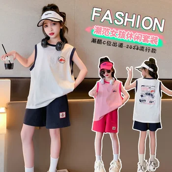Летняя одежда для девочек, модный повседневный комплект из 2 предметов, Бесплатная доставка, Девочка-подросток 4-16 Лет, 2023, НОВАЯ детская одежда в корейском стиле