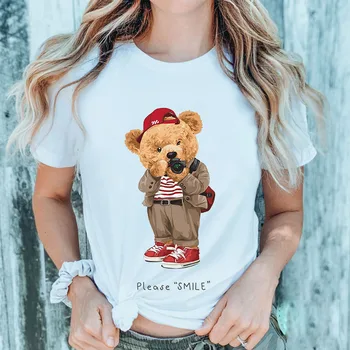 Новая летняя футболка YRYT с коротким рукавом и круглым вырезом, женская футболка с принтом медведя Please Smile, европейский и американский топ