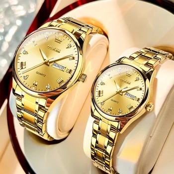 Наборы часов OLEVS для нее и Него, Водонепроницаемые Золотые часы из нержавеющей Стали для мужчин и женщин, Наручные часы, пара предметов для влюбленных