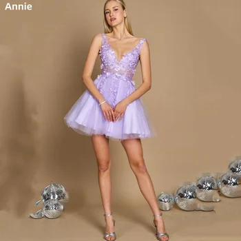 Фиолетовые Платья Annie для Выпускного Вечера с Глубоким V-образным вырезом, Кружевные Платья с вышивкой для официальных мероприятий, Мини-Платья, Короткие Мини-платья