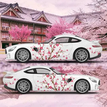 Аниме-Автомобильная Ливрея В японской тематике, Цветущая слива, Боковая Обертка для автомобиля, Литая Виниловая обертка, Универсальный Размер, Премиум-Розовый Аниме-стикер для автомобиля