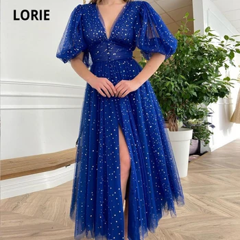 Выпускные платья LORIE Royal Blue с V-образным вырезом и короткими рукавами, Арабские вечерние платья, тюлевое вечернее платье знаменитостей А-силуэта