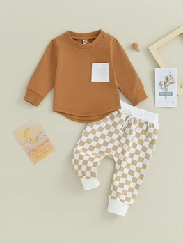 Комплект зимней одежды для маленьких мальчиков, толстовка с длинным рукавом и клетчатыми штанами, комплект одежды из 2 предметов от 0 до 3 лет