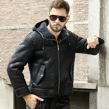 Новая мужская дубленка B3, черная кожаная куртка, пальто с капюшоном, короткая дубленка, зимняя теплая куртка
