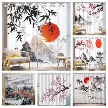 Японские живописные оконные шторы, Китайская традиционная живопись тушью, Оконные шторы, Пейзаж с видом на горы, Комплект штор для гостиной