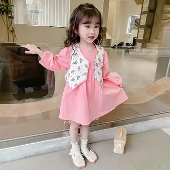 Платье для девочек, весенне-осенний новый модный детский жилет и юбка принцессы для девочек, детское платье в корейском стиле
