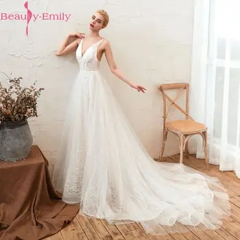 Beauty Emily White Кружевные Свадебные платья Трапециевидной формы 2019, Свадебные платья без рукавов с V-образным вырезом, Vestidos de noiva