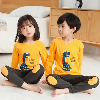 Осенний детский пижамный комплект, Детская пижама с динозавром из мультфильма, домашняя пижама для мальчиков, хлопковая пижама с животными для девочек, детская одежда для сна от 2 до 13 лет