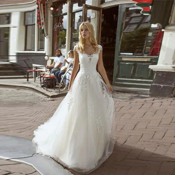 Свадебные платья с белыми аппликациями, Тюлевое платье Трапециевидной формы, Свадебные платья на заказ, новинка 2020 года, Хит продаж