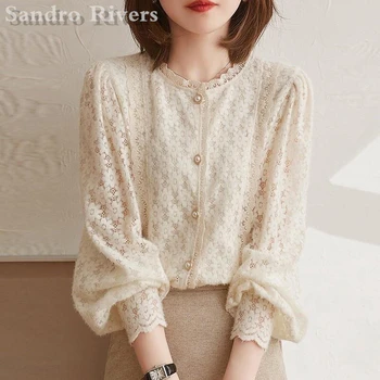 Sandro Rivers/ Женская кружевная рубашка с французским матовым низом, милая маленькая блузка для осенне-зимнего периода, Топ свободного кроя с длинным рукавом