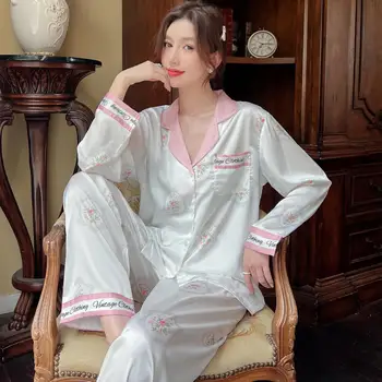 Пижама женская, длинные брюки с длинным рукавом, шелковые длинные брюки с длинным рукавом, оптовая продажа с фабрики 잠옷 여름 pigiami donna
