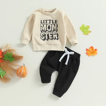Осенние Наряды на Хэллоуин для маленьких Мальчиков из 2 предметов, Толстовки с круглым вырезом и длинными рукавами и Длинными штанами с буквенным Принтом, Комплект