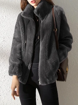 Осенне-зимнее женское плюшевое пальто, модное двустороннее бархатное пальто 2022, воротник-стойка, куртка из искусственного меха