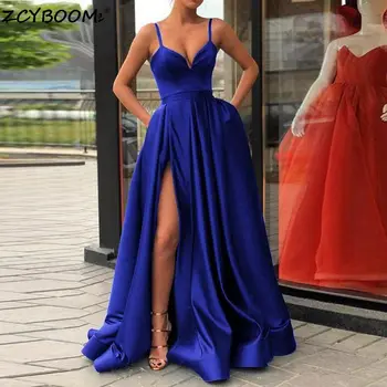 Королевское синее платье для выпускного вечера с разрезом сбоку 2023, женское вечернее праздничное платье на тонких бретельках, атласные простые длинные вечерние платья