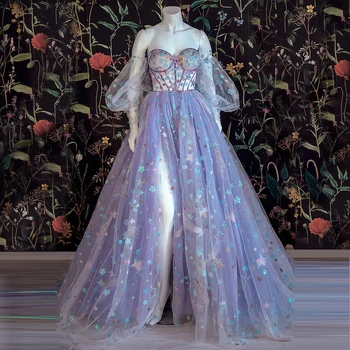 Светло-фиолетовое платье из тюля, платье с цветочным рисунком, Платье с открытыми плечами, Платье в стиле милой, Вечерние платья трапециевидной формы с аппликацией в виде разреза, длинное платье