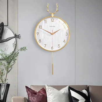 Настенные часы в Скандинавском стиле с головой оленя и маятником из чистой меди/сплава, Современные настенные часы, Тихие односторонние часы для гостиной, декор