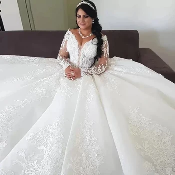 Роскошные Кружевные Свадебные платья с V-образным вырезом, свадебные платья Принцессы с длинными рукавами, Большие размеры, Арабское платье, Vestido de Noiva, Макси-халат