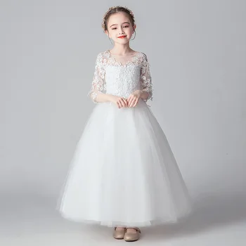 Сшитые на заказ платья с цветочным узором для девочек, Детские платья с круглым вырезом и длинным рукавом, кружевные платья с аппликацией для свадебной вечеринки