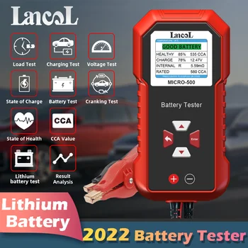 Тестер автомобильного аккумулятора Lancol Micro 500 Тест литиевой батареи 12V, Анализатор свинцово-кислотных аккумуляторов, Системный тест 40-3000 CCA, светодиодный дисплей