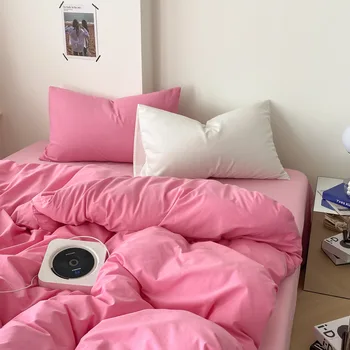 Комплект постельного белья WEILUO Pink из 4 предметов для девочек, Однотонный Простой Розовый Костюм, Комплект постельного белья King Size, Простыни и наволочки