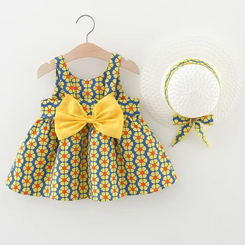 Летние платья из 2 предметов, одежда для маленьких девочек, Корейский модный принт, милый бант, Пляжное платье без рукавов + шляпа, комплект детской одежды BC2242