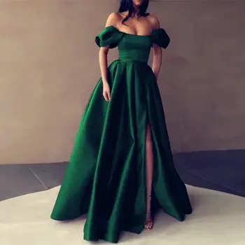 _BOS_ساتين السهرة Зеленое атласное бальное платье трапециевидной формы с открытыми плечами, вечерние платья на заказ, вечерние платья