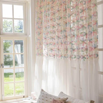 Двухслойные прозрачные шторы с фиолетовыми блестками для спальни, Романтические шторы с цветочной вышивкой, Элегантные Оконные шторы с кружевной строчкой