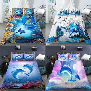 3D Пододеяльник с дельфином и наволочкой, комплект постельного белья для детей-близнецов, Полиэфирное одеяло, покрывало размера Queen King Twin