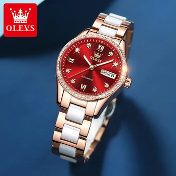 OLEVS 6637 Модные Автоматические механические часы для женщин, водонепроницаемый Высококачественный Керамический ремешок, Женские наручные часы со светящимся