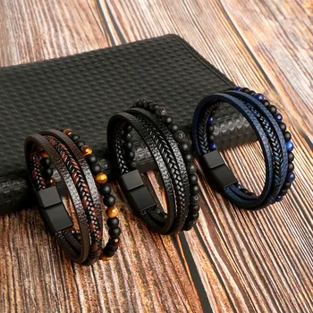 Кожаный браслет Для мужчин, Классическая мода, Высококачественный Многослойный кожаный браслет из бисера 