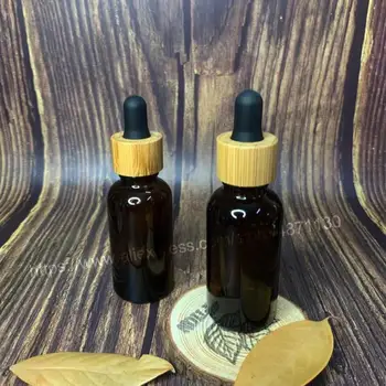 Пустая бутылка-капельница из янтарного стекла для эфирного масла, жидкость для ароматерапии Коричневого цвета, 5-50 мл, капли для массажа, бутылочки-пипетки с бамбуковой крышкой