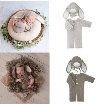 Одежда для фотосъемки новорожденных, Мохеровая шапка с заячьими ушками + комбинезоны, 2 шт./компл., реквизит для студийной фотосъемки, Аксессуары, трикотажная одежда