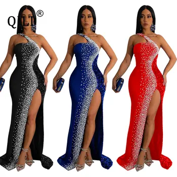 QILI, сексуальное длинное платье со стразами и пайетками с высоким разрезом, Элегантные вечерние платья для женщин, халат, синий, черный, красный