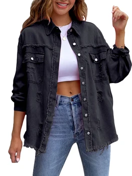 Стильная контрастная джинсовая куртка с отворотами, рваным низом и передними карманами - модное женское пальто для дальнобойщиков на пуговицах с длинным рукавом