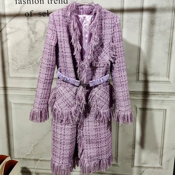 Фиолетовое шерстяное пальто с длинной бахромой, женское пальто, тренч для индустрии моды