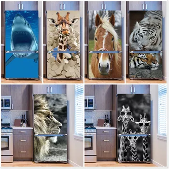 3D Животные Обои Для холодильника Лев, Акула, Плакат с Жирафом, настенная роспись холодильника с одинарной двухстворчатой дверью, Самоклеящаяся наклейка на морозильную камеру, сделай сам